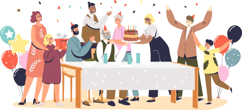 Family celebrating grandfathers birthday Illustration