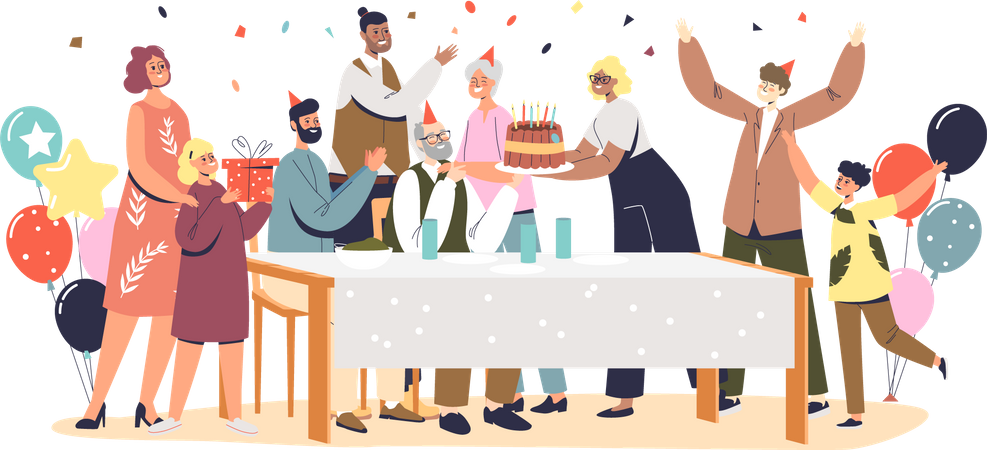 Family celebrating grandfathers birthday  Illustration