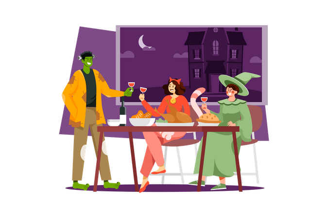 Family Celebrating Halloween Illustration