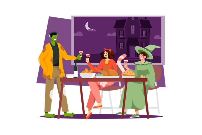 Family Celebrating Halloween  Illustration