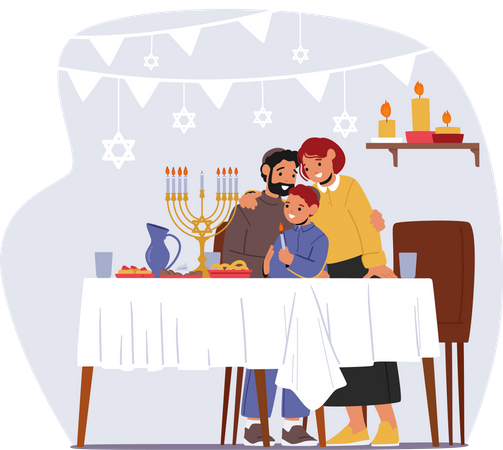 Family Celebrating Hanukkah Illustration