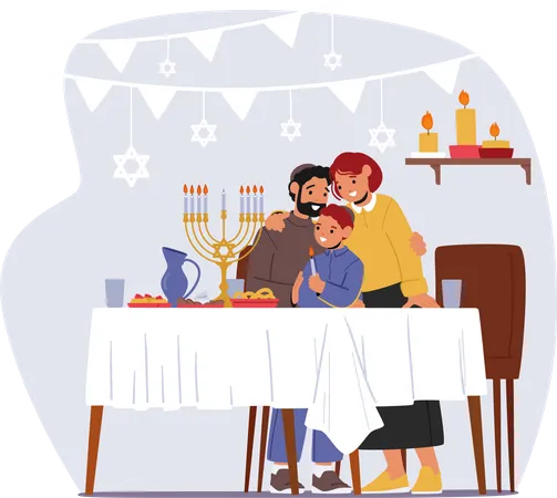 Family Celebrating Hanukkah Illustration