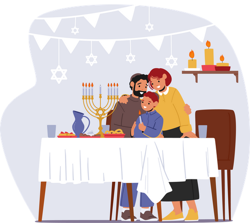 Family Celebrating Hanukkah  Illustration