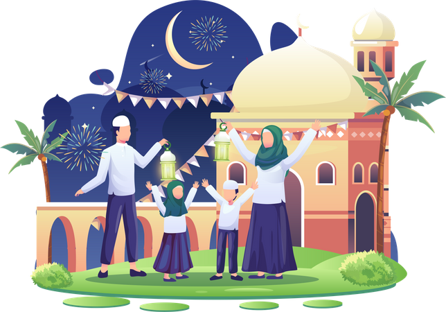 Family celebrating Islamic new year on the 1st of Muharram Illustration