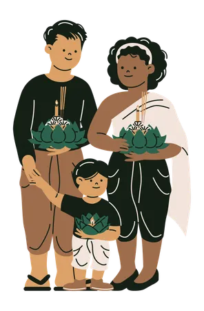 Family Celebrating Loy Krathong Festival  Illustration