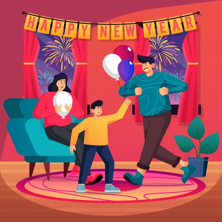Family celebrating new years eve together at home  Illustration