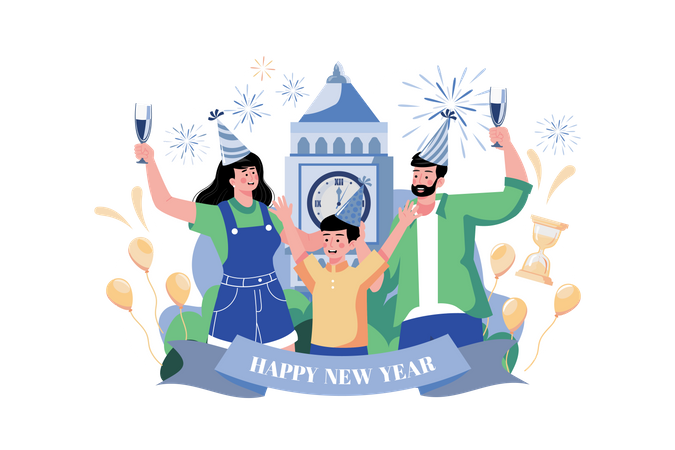 Family Celebrating On New Year's Eve  Illustration