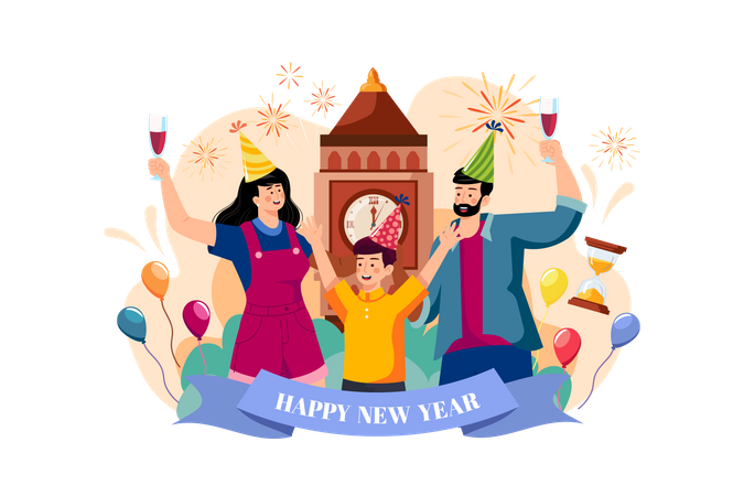 Family Celebrating On New Year's Eve  Illustration