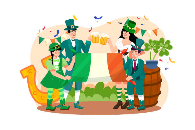 Family celebrating St. Patrick's Day by drinking beer  Illustration