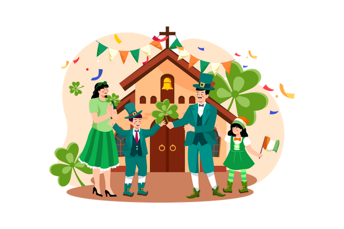 Family celebrating St. Patrick's Day  イラスト