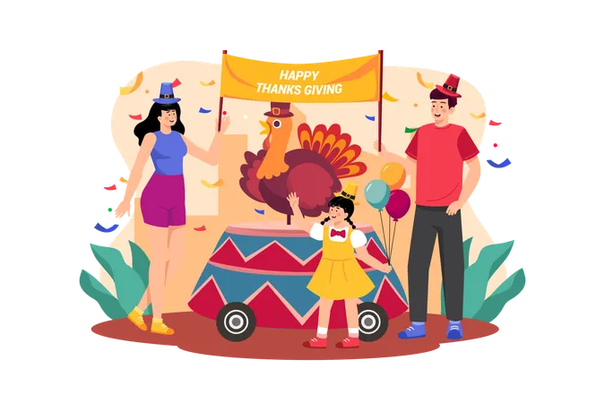 Family Celebrating Thanksgiving Day Together  Illustration