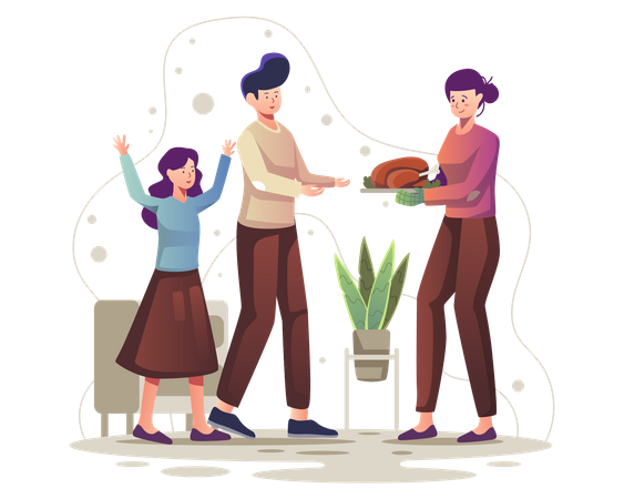 Family celebrating thanksgiving dinner together Illustration