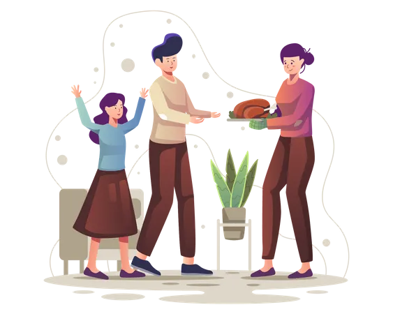 Family celebrating thanksgiving dinner together  Illustration