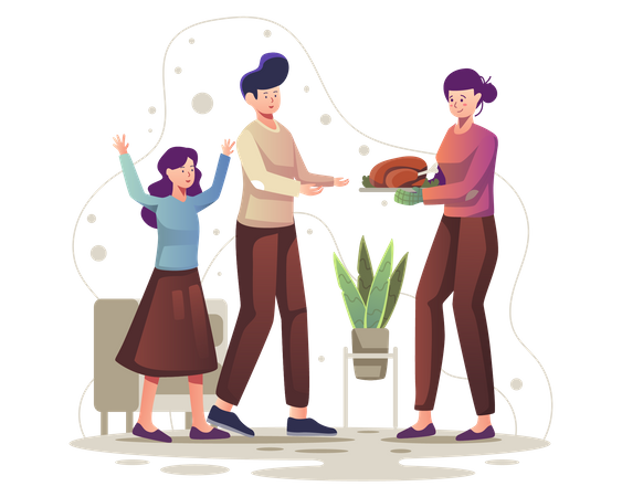 Family celebrating thanksgiving dinner together  Illustration