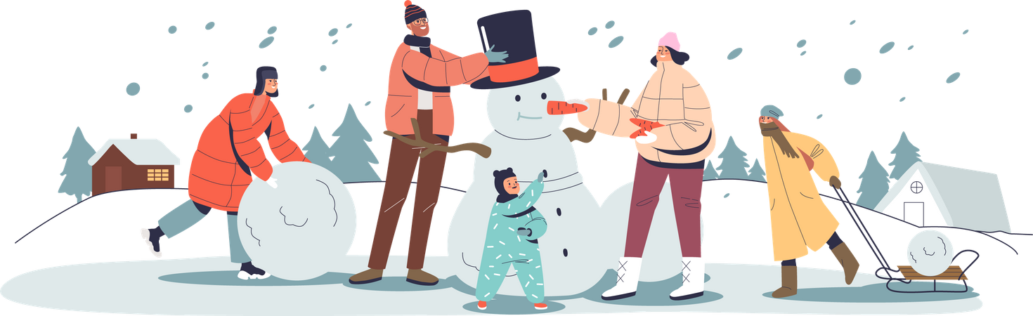 Family celebrating winters by decorating snowman Illustration