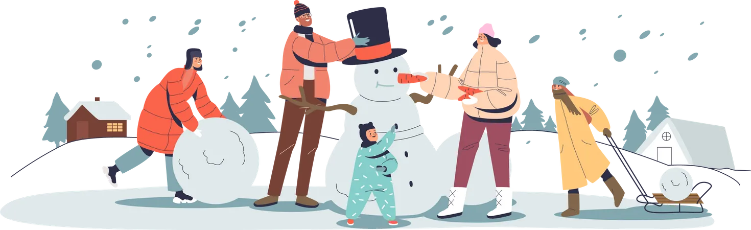 Family celebrating winters by decorating snowman  Illustration