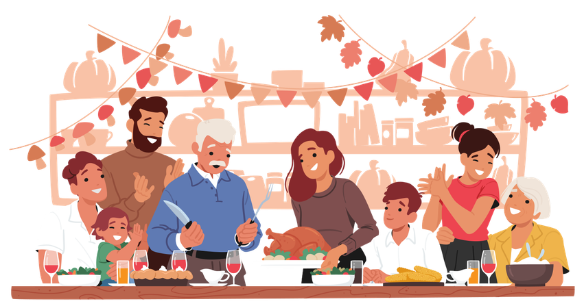 Family Characters Gathered Around  Dinner Table  Illustration