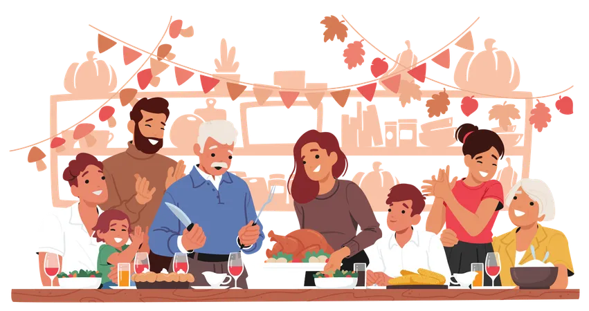 Family Characters Gathered Around  Dinner Table  Illustration