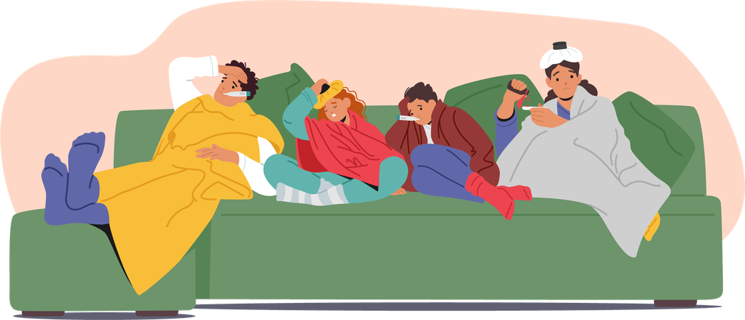 Family Characters Lying On Couch All Appearing Sick  Illustration