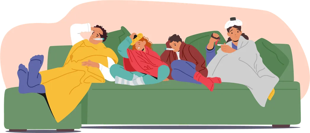 Family Characters Lying On Couch All Appearing Sick  Illustration