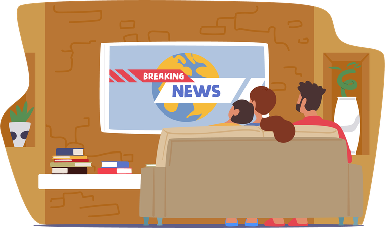 Family Characters Sitting on Couch Gathers At Home for Watching Tv News Together  Illustration