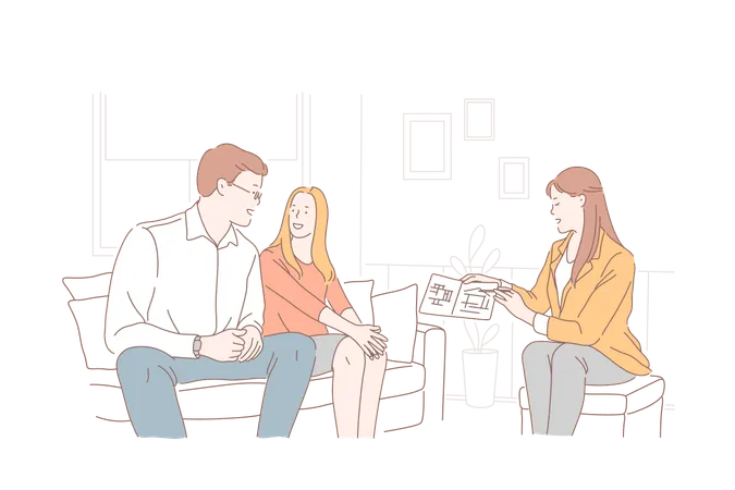 Project Advertising Real Estate Agency House Buying Concept Young Happy Woman Man Family Choose Apartment Together Businesswoman Manager Holds Presentation Successful Deal Flat Simple Vector イラスト