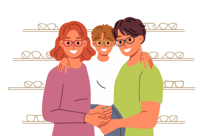 Family chooses new glasses for son standing in ophthalmological store with happy boy in arms  Illustration