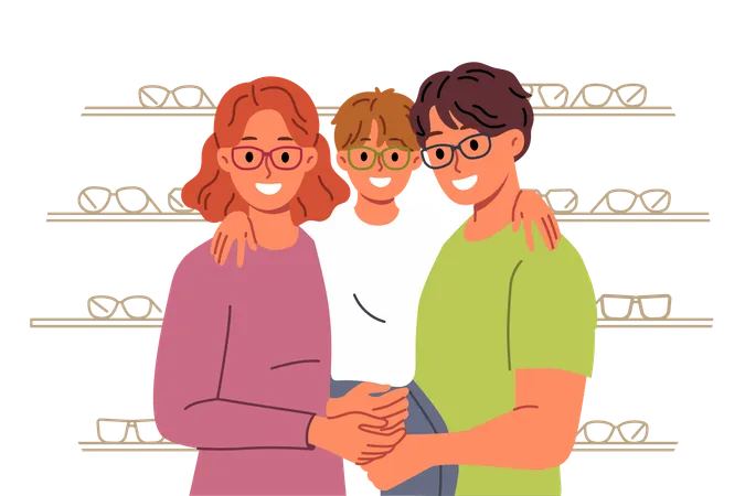 Family Chooses New Glasses For Son Standing In Ophthalmological Store With Happy Boy In Arms Positive Mom And Dad Use Ophthalmological Services To Correct Poor Vision In Little Child Illustration