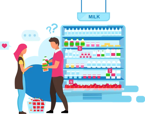 Family Choosing Milk Flat Vector Illustration Indecisive Couple In Supermarket Buying Dairy Products Cartoon Characters Farmers Market Assortment Shelf Wife Husband Making Product Choice In Store Illustration