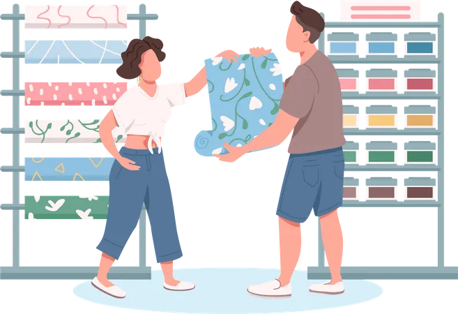 Family Choosing Wallpaper Flat Color Vector Faceless Characters Home Renovation Wife And Husband Buying Construction Materials Isolated Cartoon Illustration For Web Graphic Design And Animation Illustration
