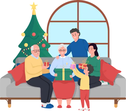 Family Christmas Celebration 2 D Vector Web Banner Poster Grandma Grandpa Receive Gifts Kid Gives Box Relatives Flat Characters On Cartoon Background Holiday Printable Patch Colorful Web Element Illustration