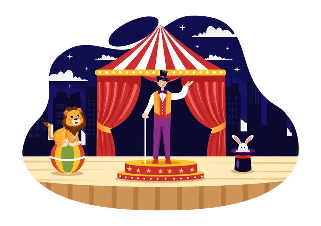 Circus Vector Illustration With Show Of Gymnast Magician Animal Lion Tiger Host Entertainer Clowns And Amusement Park In Flat Cartoon Background 일러스트레이션
