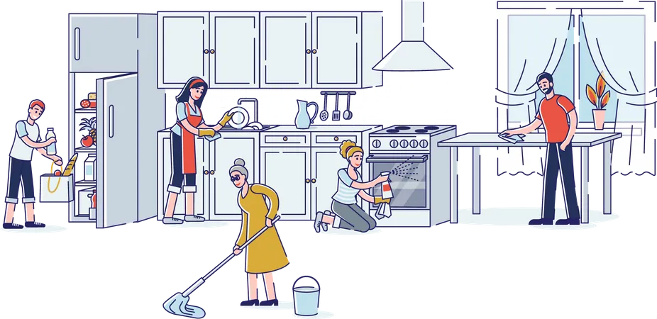 Family cleaning kitchen together  Illustration