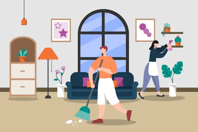 Family cleaning the living room Illustration