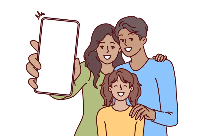 Happy Family Holds Phone With Blank Screen In Hands Offering To Use Advertising Mobile Application Mom Dad And Daughter Are Laughing Demonstrating Phone With Place For Ads Website Illustration