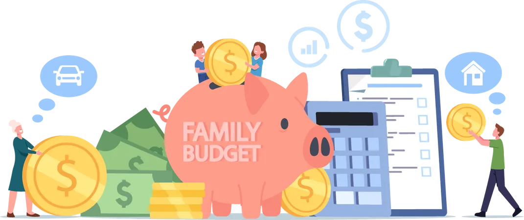 Family Collect Money for Budget Savings and Income Illustration