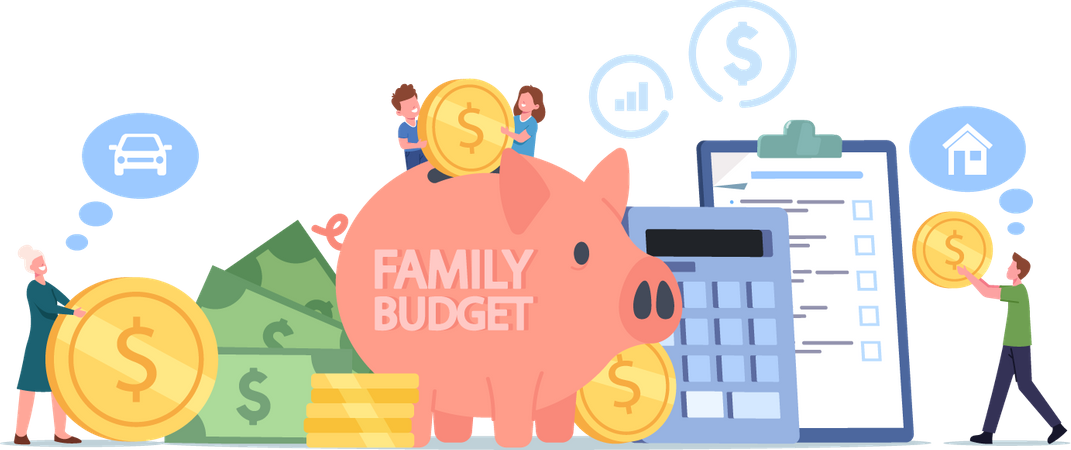 Family Collect Money for Budget Savings and Income  Illustration