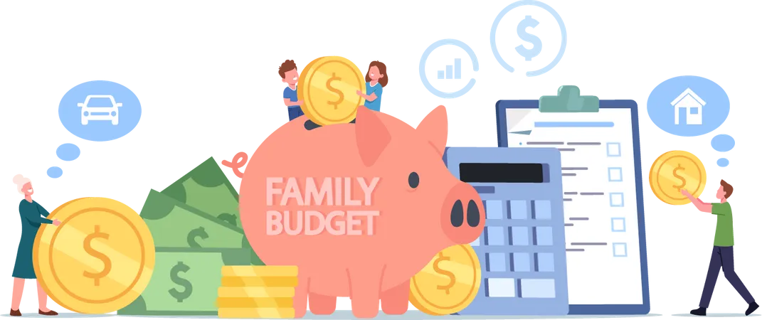 Family Collect Money for Budget Savings and Income  Illustration