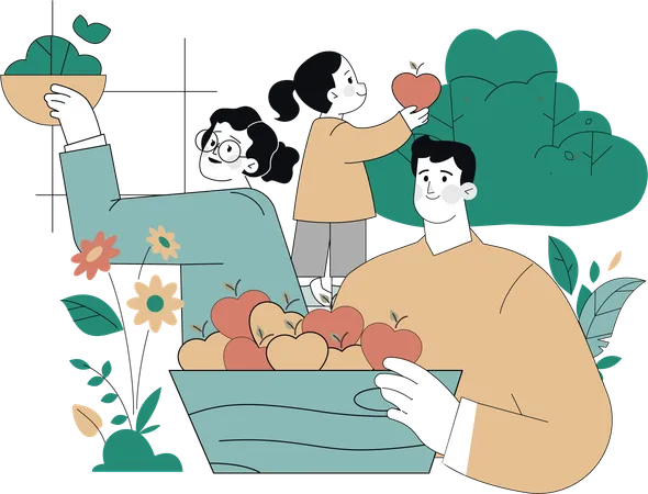 Family collecting apple  Illustration