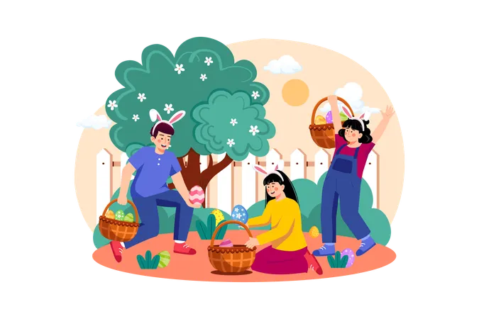 Family collecting Easter eggs together  Illustration