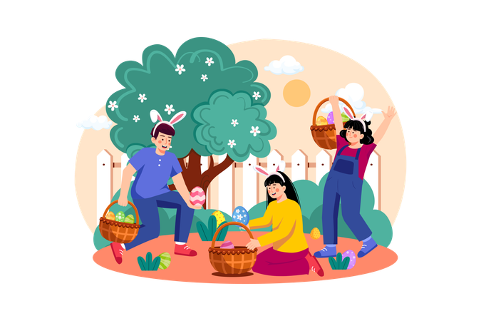 Family collecting Easter eggs together  Illustration