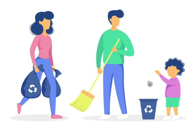Family collecting waste for recycling  Illustration