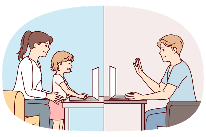 Family communicates via video call using laptop for video calls over Internet  Illustration