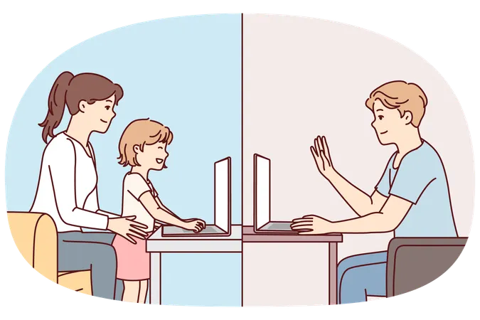 Family communicates via video call using laptop for video calls over Internet  Illustration