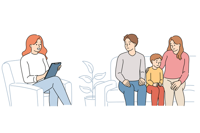 Family conversation with psychologist for parents and child in need of normalization relationships  Illustration