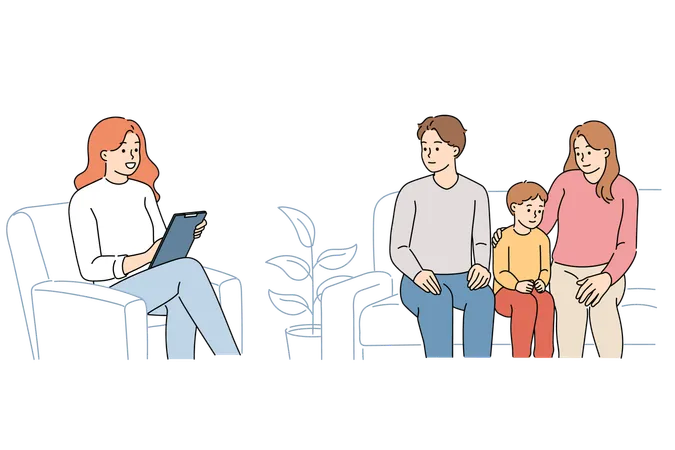 Family conversation with psychologist for parents and child in need of normalization relationships  Illustration