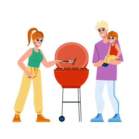 Family Bbq Vector Barbecue Food Happy Cooking Grill Summer Weekend Outdoor Meat Lifestyle Nature Family Bbq Character People Flat Cartoon Illustration Illustration