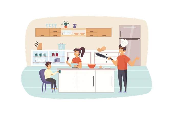 Family cooking breakfast in kitchen together Illustration