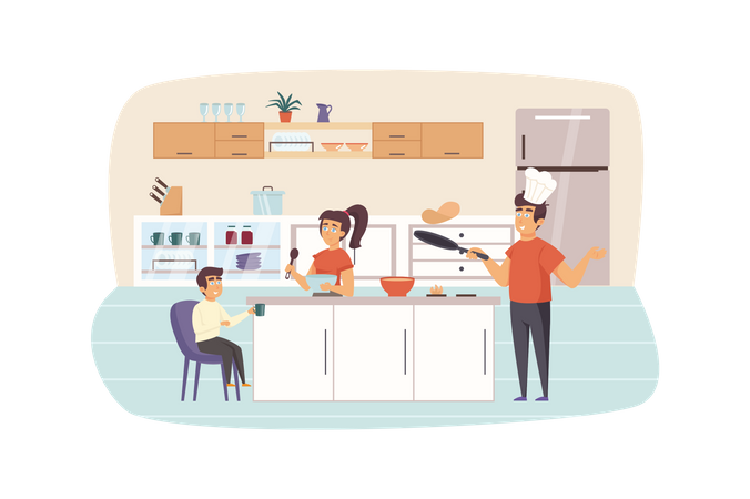 Family cooking breakfast in kitchen together  Illustration
