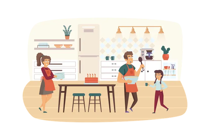 Family cooking breakfast or holiday dinner in kitchen Illustration